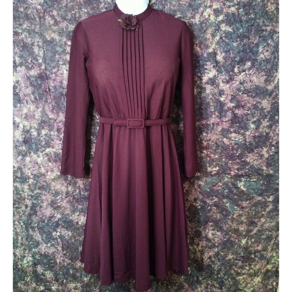 Vintage 70s Cora's Closet Semi-Sheer Dress Petite(6) Pintucks Flower Brooch Plum